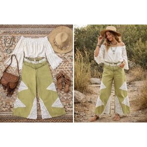 POL Olive Lace Patchwork Flare Wide Leg Pants Lace Green Raw Hem Size S